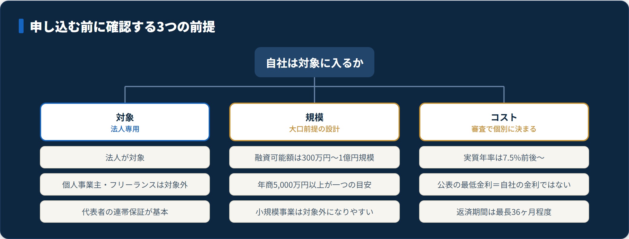 プレミアムビジネスローンの対象事業形態・融資規模・金利条件の前提を整理した図。